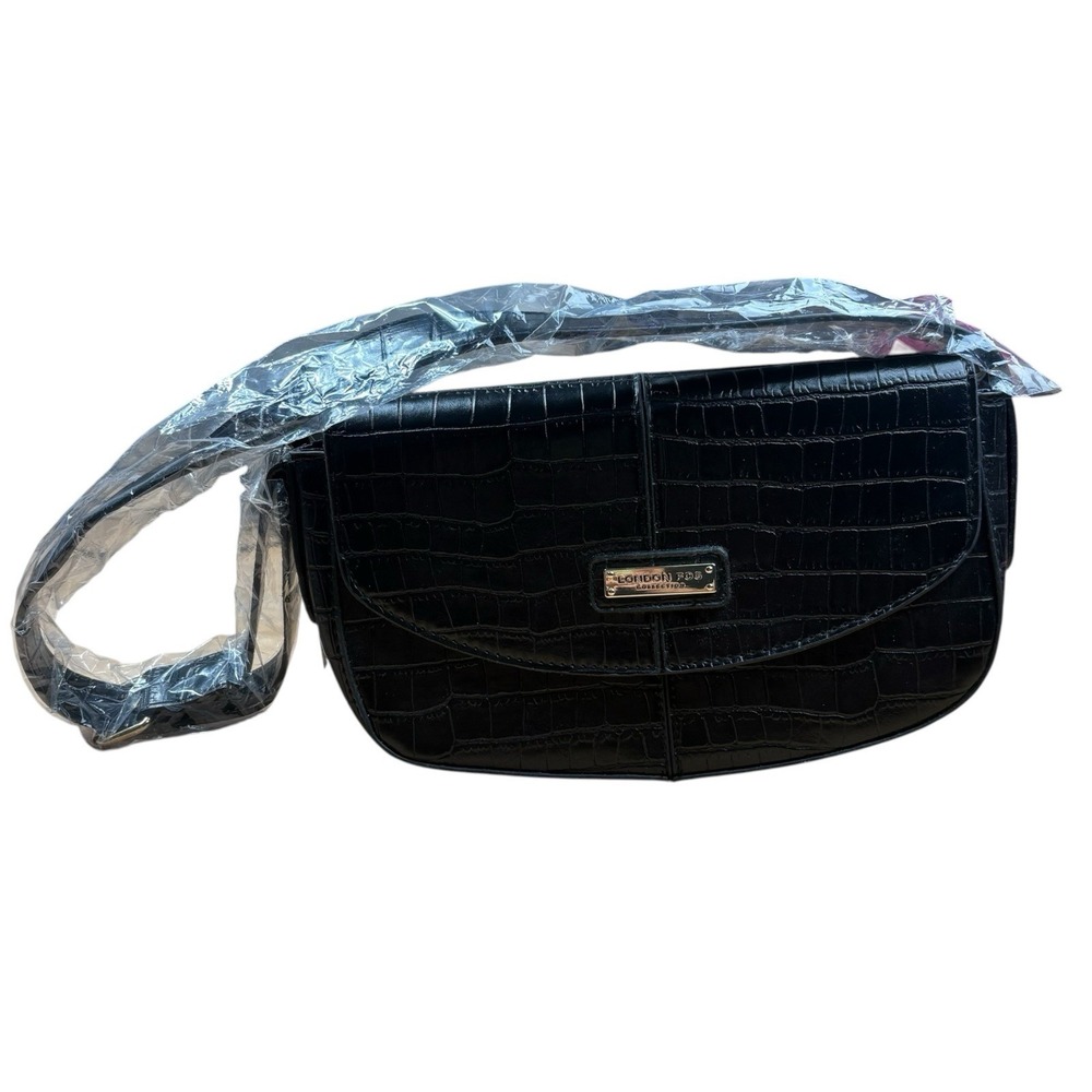 NWT London Fog Black Shoulder Bag Astor Faux Croco Black Crossbody